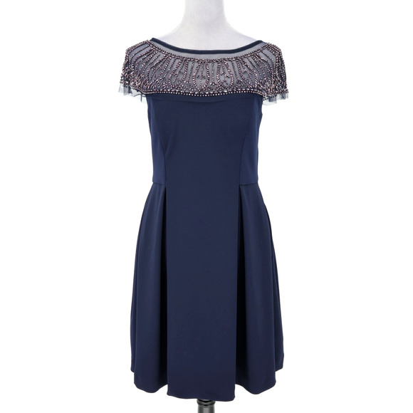 R&M Richards Dress Womens 6 Navy Blue Beaded Mesh Shoulders Bra Cups Zip Party - Picture 1 of 16